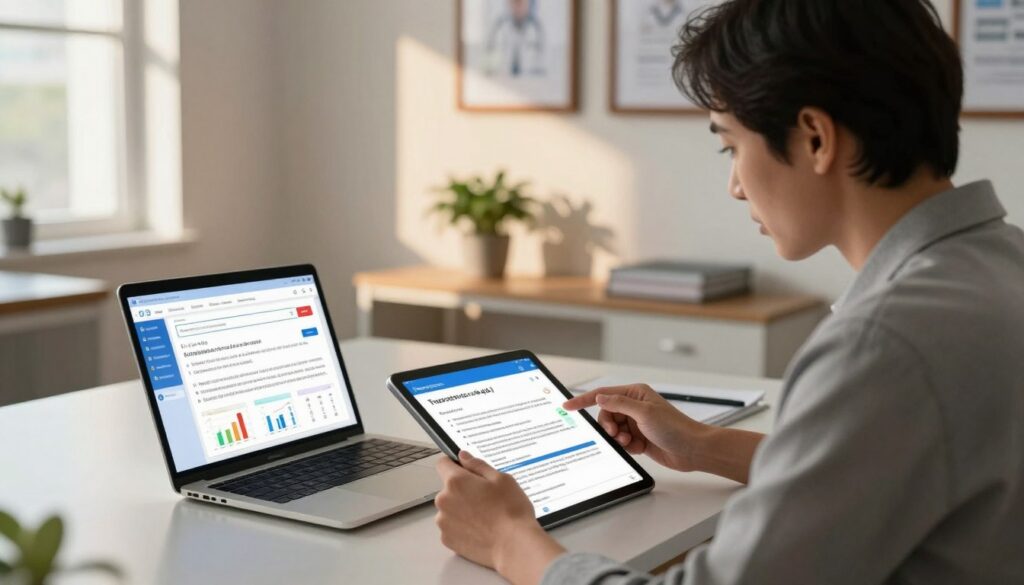 A focused patient sitting at a sleek desk, attentively comparing search results on a laptop screen with an AI-generated answer displayed on a tablet. The foreground features the laptop and tablet, showcasing vibrant screen content with graphs and charts. The middle layer includes the patient, wearing professional business attire, displaying curiosity and concentration. The background features a warm, modern office environment with framed medical degrees on the wall and a potted plant for a touch of greenery. Soft, natural light filters through a window, casting gentle shadows, creating an inviting atmosphere. The camera angle captures a slightly elevated perspective, emphasizing the patient’s engagement with technology in the healthcare space. A focused patient sitting at a sleek desk, attentively comparing search results on a laptop screen with an AI-generated answer displayed on a tablet. The foreground features the laptop and tablet, showcasing vibrant screen content with graphs and charts. The middle layer includes the patient, wearing professional business attire, displaying curiosity and concentration. The background features a warm, modern office environment with framed medical degrees on the wall and a potted plant for a touch of greenery. Soft, natural light filters through a window, casting gentle shadows, creating an inviting atmosphere. The camera angle captures a slightly elevated perspective, emphasizing the patient’s engagement with technology in the healthcare space.